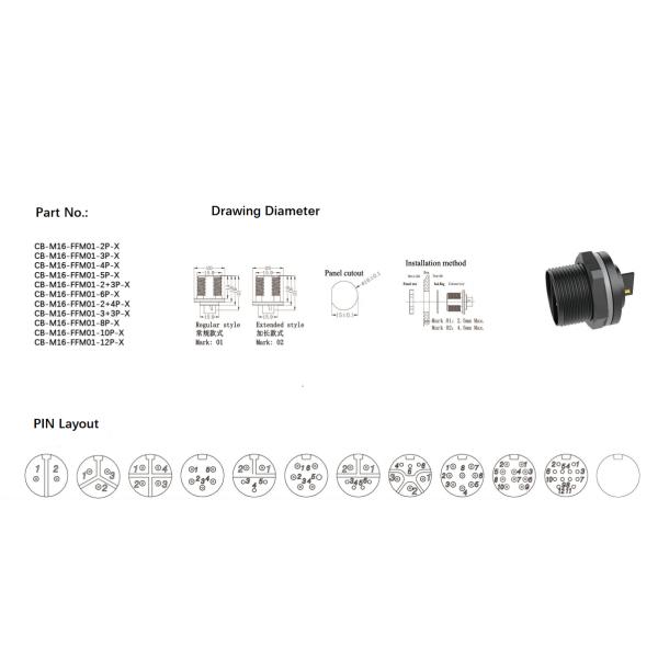 M16 Front Female Pin Waterproof Circular Connector Threaded Welded Panel Controller