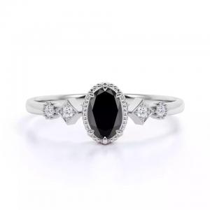 China Oval Cut Black and White Diamond Accents Milgrain 5 Stone Engagement Ring 1.5 Carat on sale
