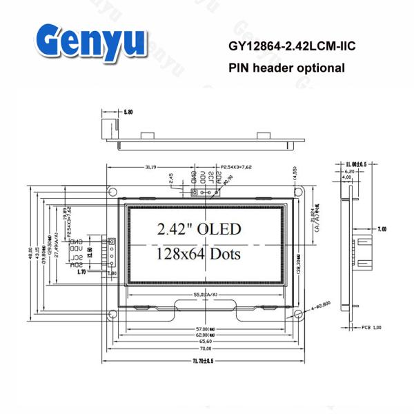 2.42 Inch OLED Display Module LCM 4 PIN IIC I2C SSD1309 Driver 128x64 Dots in Genyu White/Blue/Yellow/Green