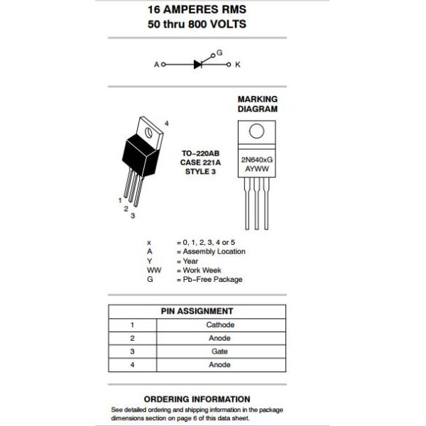 2N6405G Silicon Controlled Rectifiers Reverse Blocking Thyristors 50 thru 800 VOLTS