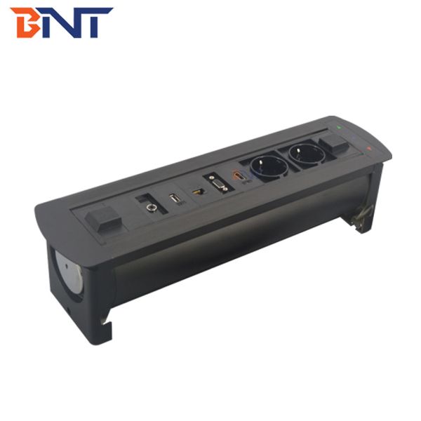 Media power data connection motorized flip up tabletop power socket box