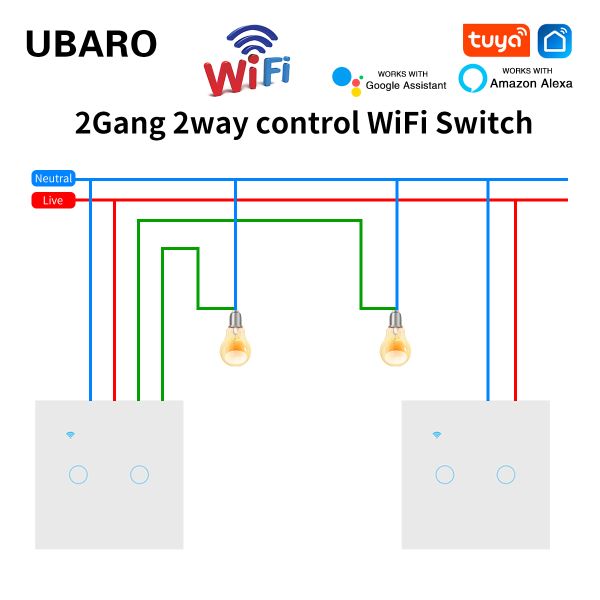 UABRO 2 Gang 2Way Smart Home Dual Wall WI-FI Switch Led Indicator On-Blue App Control Support Alexa Voice