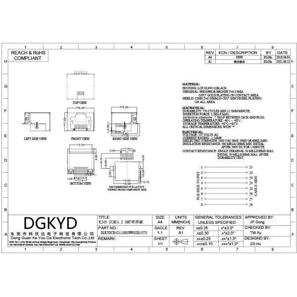 Sinking Plate Type 8P8C Modular Female RJ45 LED Connector SMT DGKYDCB421188GWW6SB1075