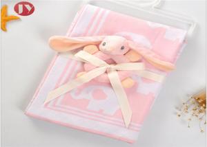 China Infant Swaddle Warm Baby Blanket 100% Cotton Knitted Soft Baby Jacquard With Animal Plush Hand Bell on sale