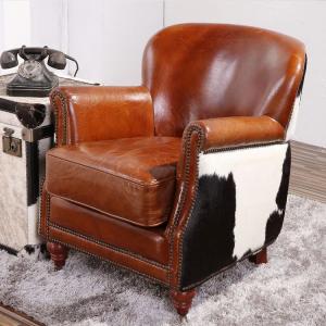 China Antique Cowhide Leather Tub Master Chair And Fur Leather Chair With Cushion on sale