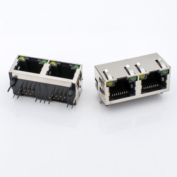 LED 90 Degree 1x2 Ports Shielded RJ45 Ethernet Connector Gold Contact Plating