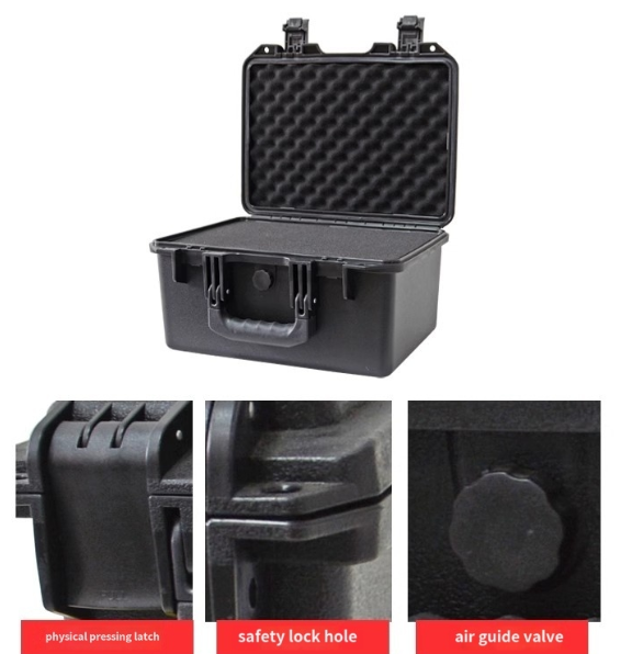 Portable plastic tool storage case showing handle and locking mechanism