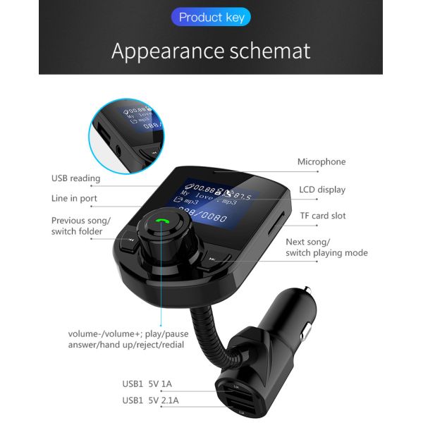 1.44inch LCD Handsfree Bluetooth Car Kit 3.5mm Bluetooth Car Adapter