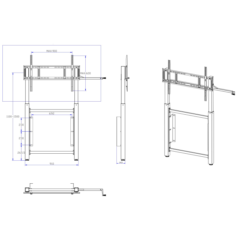 Wall Mounted Hand Lifting Adjustable Interactive Whiteboard Stand Trolley For 65 Inch 75 Inch Tv Smart Monitors