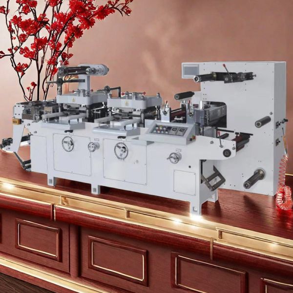 300 TIMES/MIN DOUBLE HEAD TWO STATION LABEL HOT FOIL STAMPING FLAT BED DIE CUTTING MACHINERY EMBOSSING GOLDEN SIVER
