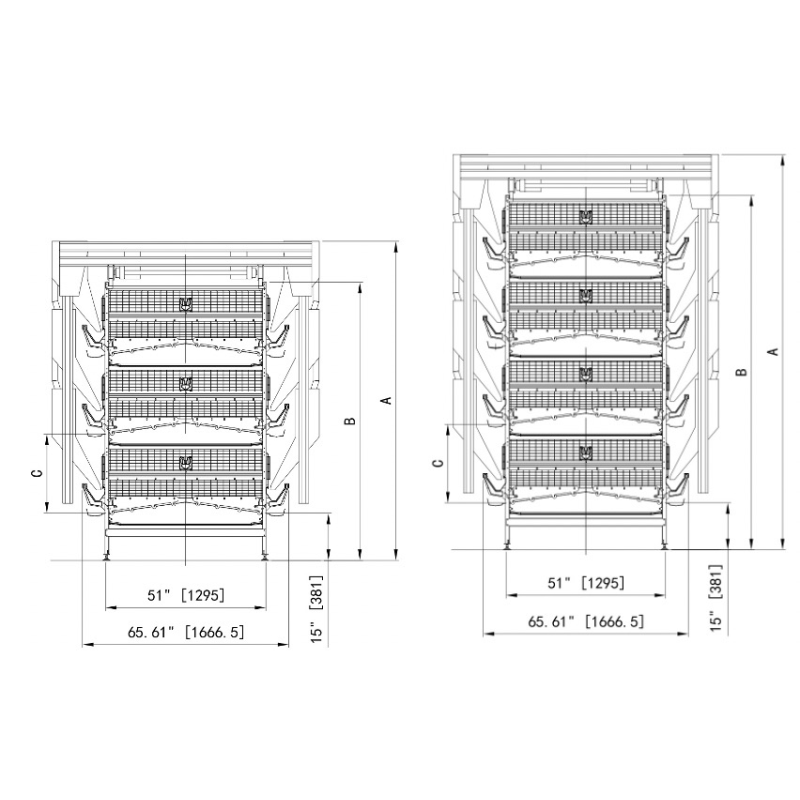 3 Tiers 4 Tiers H Type Layer Chicken Cage 25.5*24.5'' Hopper Feeding