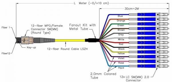 Single Mode Riser OFNR 2.0mm 1m MPO Fiber Cable