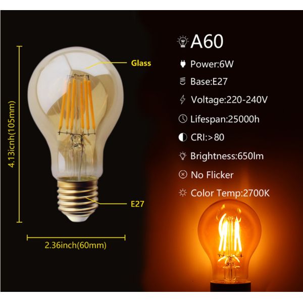 A60 220-240V led filament bulb amber 4W 6W E27 led vintage filament bulb