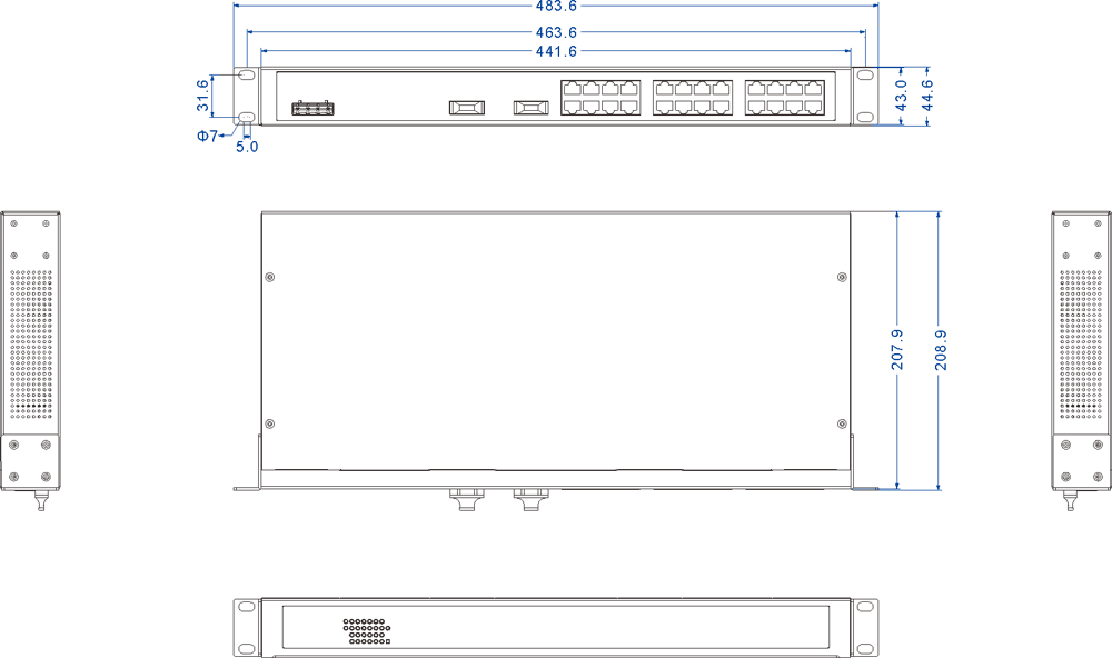 26 port fast Ethernet switch, 24 RJ45 + 2 fiber ports, unamanaged, rack mount