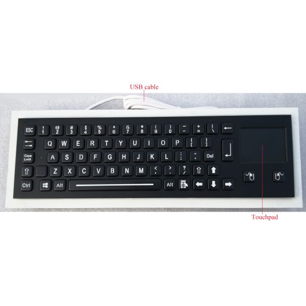 Electroplated Black Rugged Vandalproof IP65 compact backlit panelmount stainless steel keyboard with touchpad.