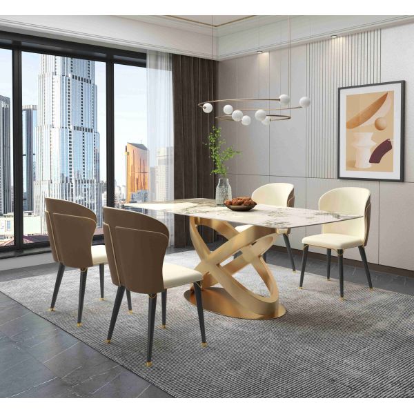 White Rectangular Stone Dining Table Chair Sets Bronze Pedestals