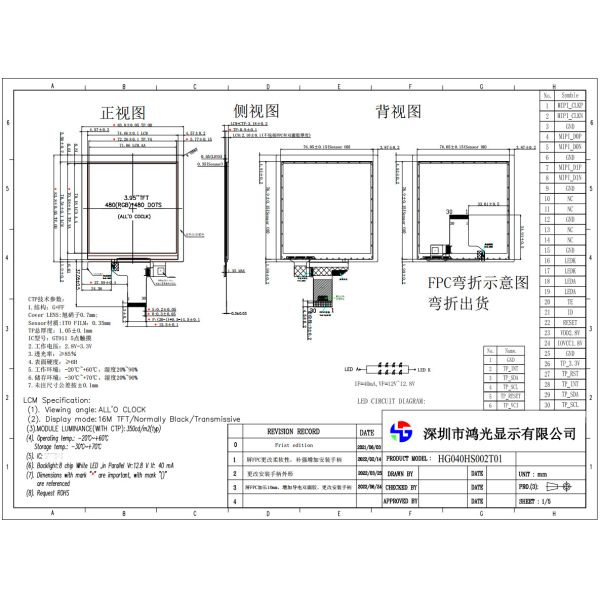 Square 480x480 Security TFT Monitor 3.95 Inch MIPI Interface