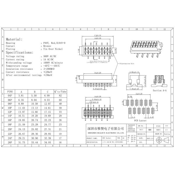 Female Header IDC Connector1.27mm Wire To Board 6 Pin Press Cable Type