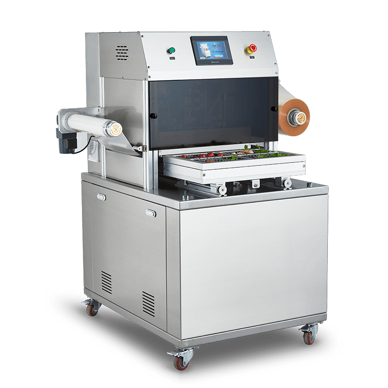 Full-Automatic Modified Atmosphere Vertical Tray Sealer DQ400L-E with Food Grade 304 Stainless Steel and 6061 Anodized Aluminum Mold for Food