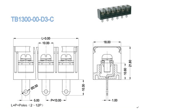 Barrier Terminal Block Pitch 13.00mm 600V 40A 2 - 12P Power Terminal Block