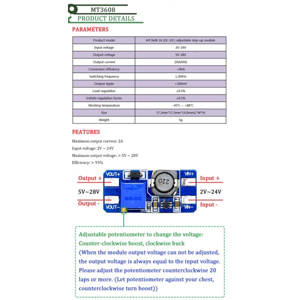 Mounting Type MT3608 2A 2-24V DC-DC Boost Converter Board for Adjustable Power Supply