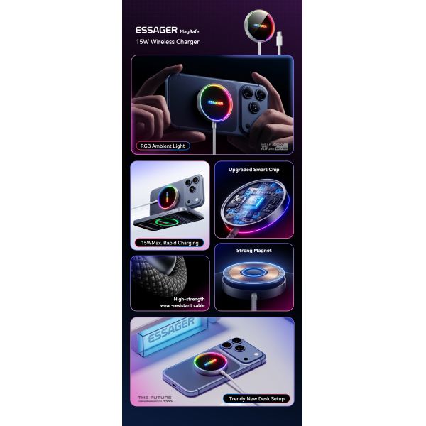 ESSAGER ES-WC17 15W Magnetic Wireless Charger Rgb Light For Phone Earphone