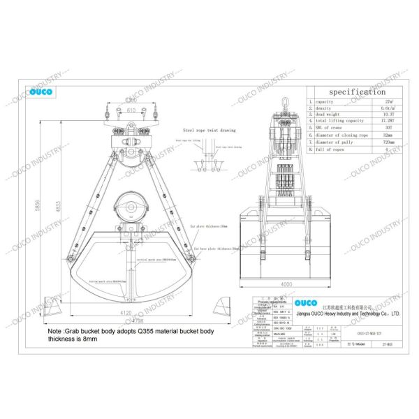 Four Rope Mechanical Grab Bucket 27 CBM Dual Claw Clamshell Grab
